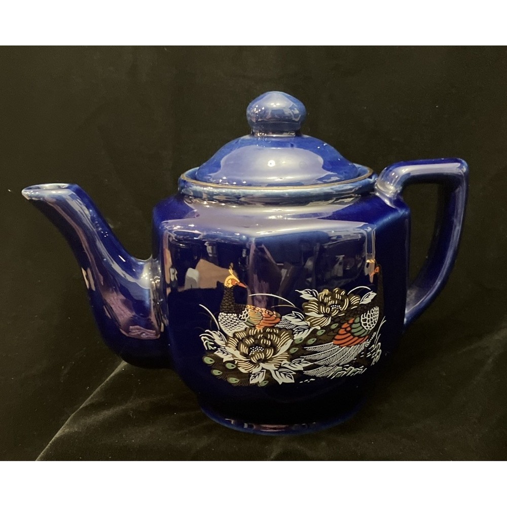 Cobalt Blue Porcelain Tea Pot Gold Trim Peacock Coffee Teapot Taiwan 4.5” W/ Lid
